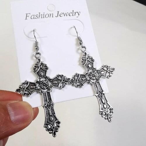 Womens Earrings Goth Gothic Cross Pendant Antique Silver Color Vintage Metal Retro Earrings 2021 Trendy Fashion Female Jewelry