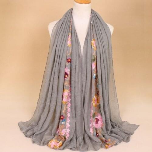 Ladies cotton scarf embroidered floral hijab solid color scarves long headband muslim wraps spring fashion pashmina 180*90cm