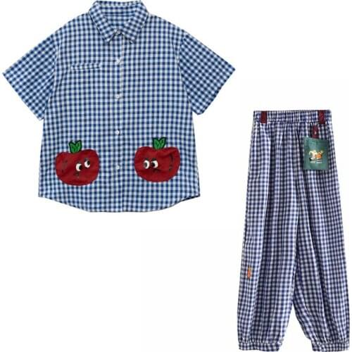 Two Piece Set Women Summer Cartoon Appliques Short Sleeve Plaid Blouse And Elastic Waist Ankle Length Pants Casual Sets Clothes