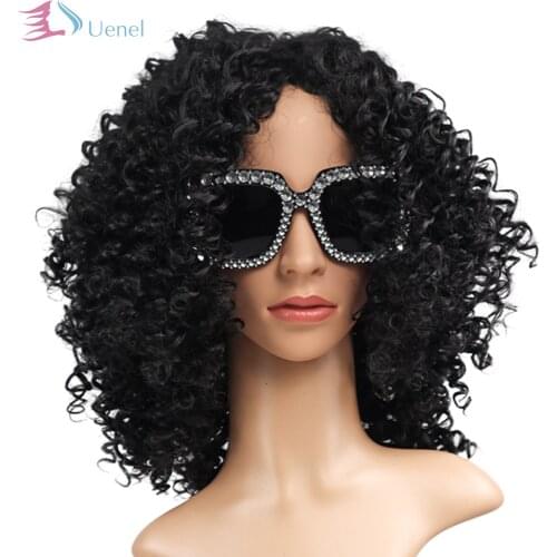 UENELl Good Quality Fashion Medium Black Bouncy Curly Afro Women Synthetic Wigs High Temperature Fiber 18Inch Free Shipping