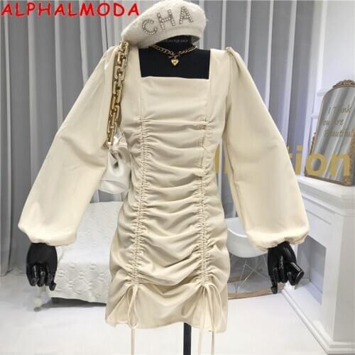 ALPHALMODA French Style Drawstring Pleated Dress Womens 2020 Autumn New Elegant Square Collar Puff Sleeve Fashion Dress