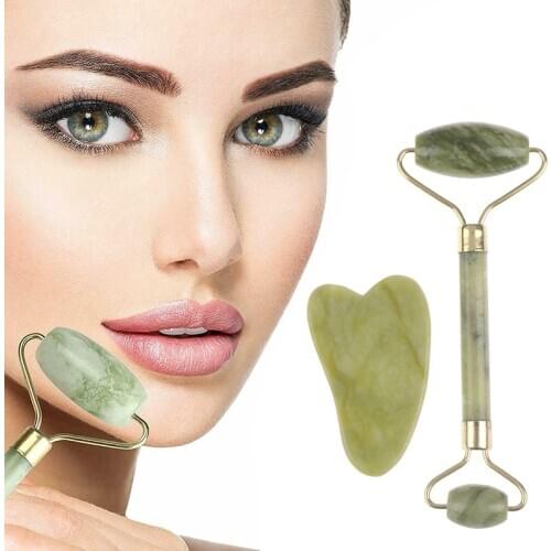 2 in 1 Green Roller and Gua Sha Tools Set by Natural Jade Scraper Massager Eye Face Neck Thin Lift Relax Slimming Tools New