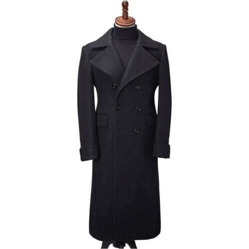 2021 Black Thick Greatcoat Wool Men Suits Peaked Lapel Outfit Custom Made One Piece Long Overcoat High Quality Jacket
