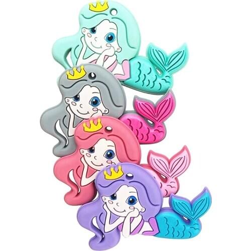 Chenkai 10PCS Silicone Mermaid Teether Cute Cartoon Baby Teething DIY Mom Nursing Chewing Chain Pendant Necklace Toy Food Grade
