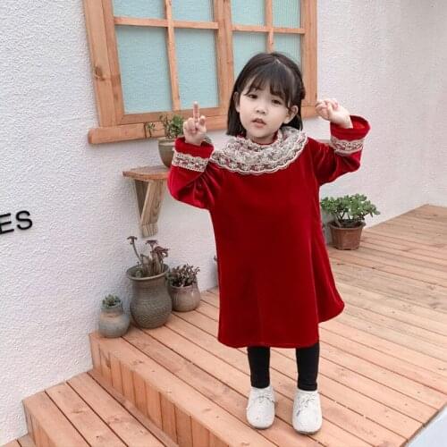 Kids New Year Clothes Winter New Baby Girls Red Dress Fashion Lace Collars Long Sleeve Princess Dress For Girl Baby Velvet Dress
