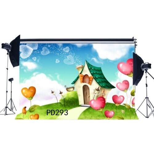 Photography Backdrops Fairy Tale House Green Grass Bokeh Halos Valentines Day Hearts Wedding Party Event Portraits Background