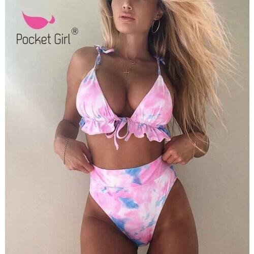 Pocket Girl 2021 High Wasit Bikini 2020 Mujer Tie-dye Swimsuit Women Ruffled Swimwear Female Bathing Suit String Knot Bikini New