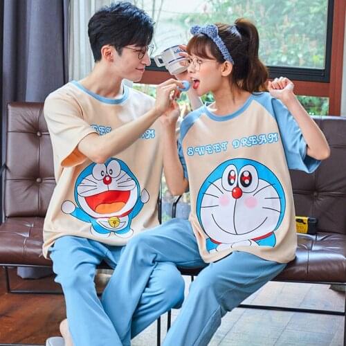 Cartoon Anime Doraemon Pajamas Set Women Cotton Plus Size Blue Patchwork Short Sleeve Kawaii Sleepwear Summer Homewear Female