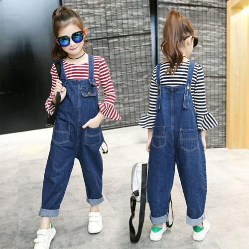 New Children Girls Clothes Sets Long Sleeve Striped Tops + Denim Overalls 2 Pcs Autumn Kids Clothing Set for Teen Girls 8 10 Yrs