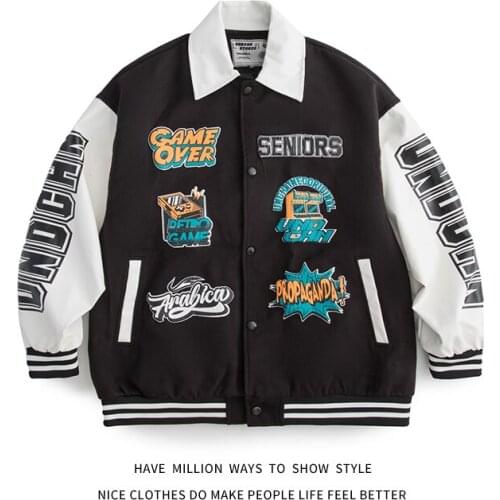 New Arrival Autumn Game Print Patchwork Mens Baseball Bomber Coat Unisex Womens Varsity Jacket Streetwear Casual Vintage Chic