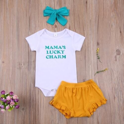 0-24M Infant Baby Boy Girl Clothing Letter Print Short Sleeve Romper+High Waist Soild Shorts Summer 3pcs