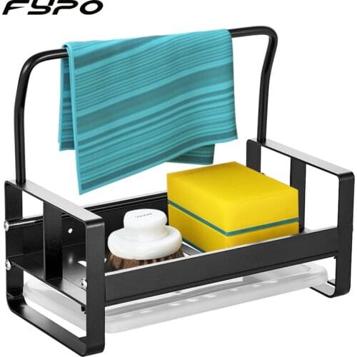 Kitchen Sink Rack，Space Aluminum Sponge Holder Towel Rack Soap Brush Holder with Drain Pan Kitchen Drying Rack Organizer