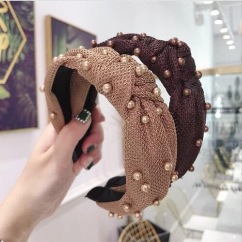 High-end hair accessories women mesh plaid fabric bead knot knot wide-brimmed headband headband fashion girl hair band headwear