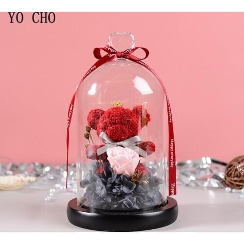 YO CHO Eternal Preserved Rose Flower Teddy Bear Glass Dome Valentines Anniversary Birthday Gift Real Rose LED Light Home Decor