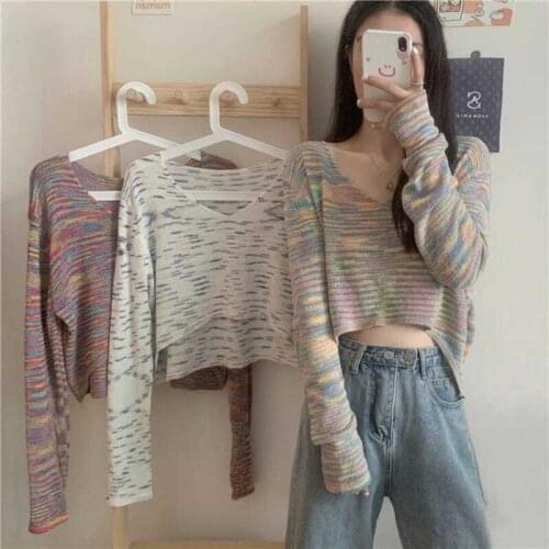 Woman Sweaters Autumn Winter Tie-Dye V-neck Long-Sleeve Knitwear Loose Crop Top Women