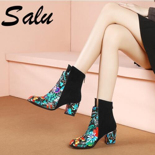 Salu 2020 New Boots Women Ankle Boots Autumn Winter Warm Cow Suede High Heel Shoes Woman Round Toe Zipper Size 34-43