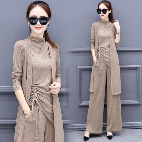 Woman fashion 2019 Elegant 3 set piece set womans knitting spring pants set office clothes Tops + Wide leg pants + vest B4296