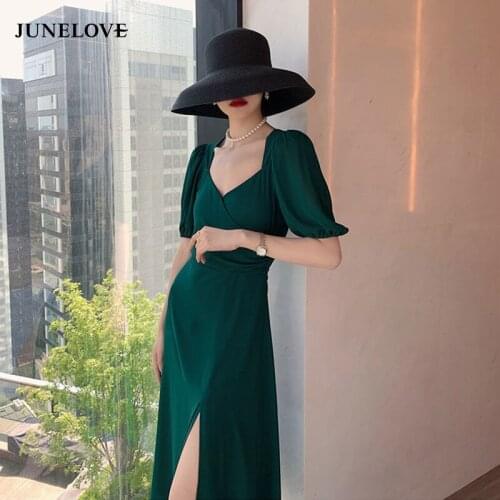JuneLove 2021 Women Summer Vintage Green Backless Midi Dress Puff Sleeve Split Boho Dress Casual Holiday Office Lady Beach Dress