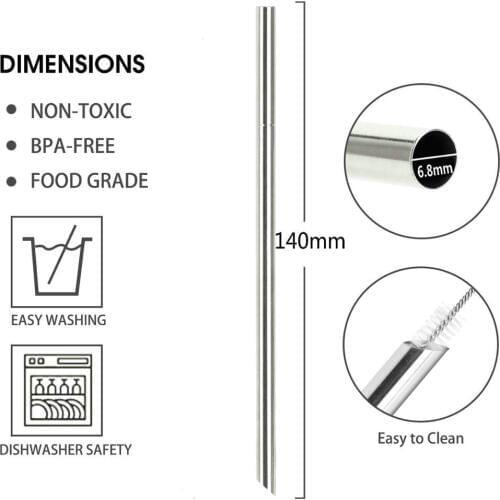 100 Pack 6.8mm*140mm 304 Reusable Stainless Metal Steel Straws for Pearl Milkshake Fat Bubble Tea Creative Bevel Straws