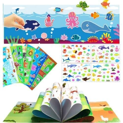 6 Different Sytle Sticker books DIY Puzzle Game Cartoon Animals Learning Educational Toys For Kids Gifts Cute Zoo Sea Stickers