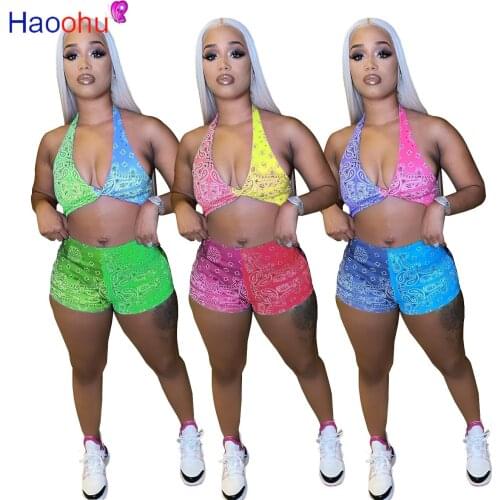 HAOOHU Bandana Two Piece Set Tracksuits Sweat Suits Crop Top Biker Shorts Sporty Summer Outfits for Women Beach Matching Sets