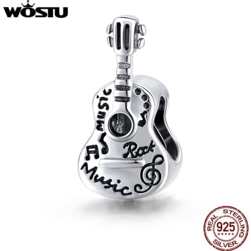 WOSTU 100% 925 Sterling Silver Bead Simple Guitar Charm Pendant Fit Original Bracelet Necklace DIY Jewelry CQC1708