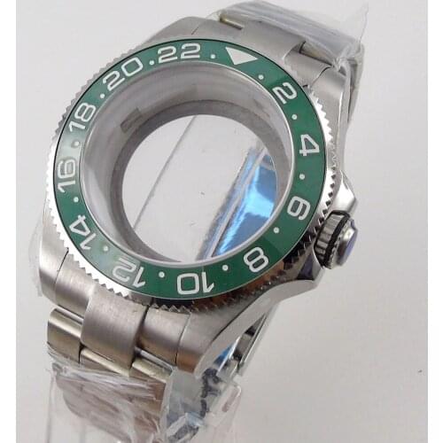 Metal 43mm Watch Case fit NH35A NH36A MIYOTA 8215 ETA 2836 MINGZHU 2813 3804 Seeing Back Green Insert Oyster Strap
