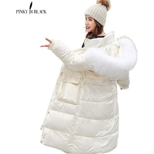 PinkyIsBlack Winter Warm Glossy Parkas Women Fashion Fur Hooded Big Pockets Winter Coats Women Elegant Long Cotton Jackets Coat