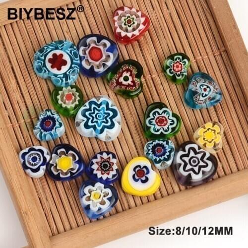 Flower Patterns Heart Shape Colorful Lampwork Beads 8/10/12mm Charms Loose Spacer Beads DIY Necklace Bracelet Women Accessories