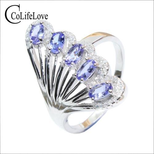 2017 new fashion silver tanzanite ring 5pcs 4*6mm natural VVS tanzanite gemstone ring solid 925 sterling silver tanzanite ring
