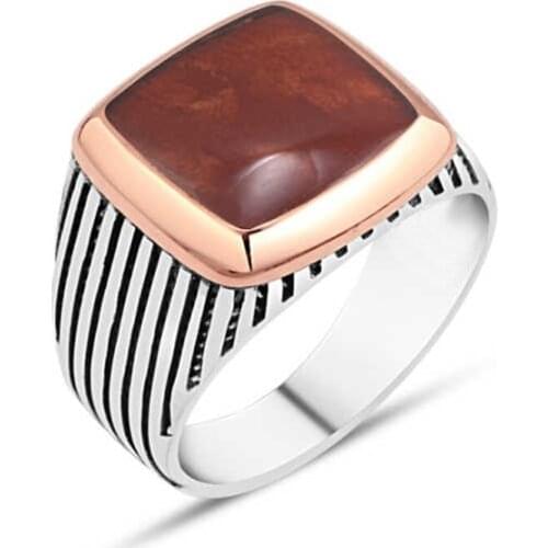 Wood Top Cabochons Silver Men 'S Ring