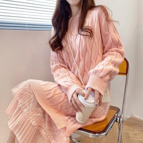 Nomikuma Lace Patchwork Sweater Dress Women Loose Korean Style All-match Long Sleeve Chic Knitted Dresses O Neck Vestidos Mujer