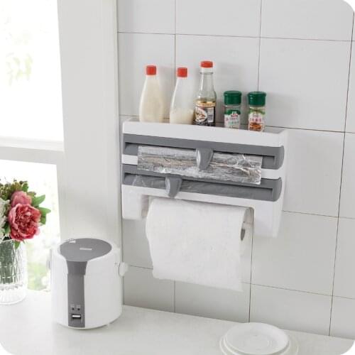 Kitchen Organizer Paper Towel Holder Refrigerator Cling Film Cutting Storage Rack Wrap Cutter Tin Foil Shelf Plastic Hang Holder