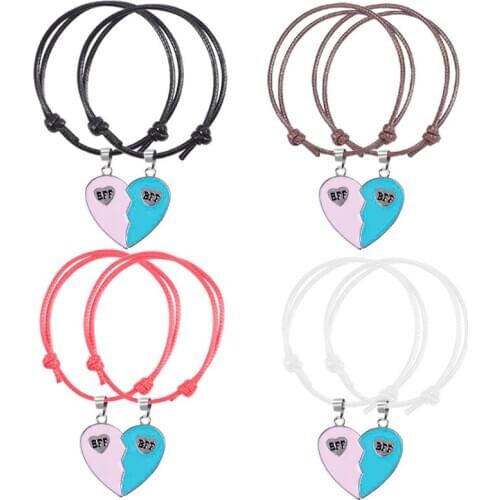 Hot Selling Simple Bracelet Ladies Blue Pink Heart Shape Best Friend Braided Rope Pendant BFF Friendship Birthday Gift Wholesale