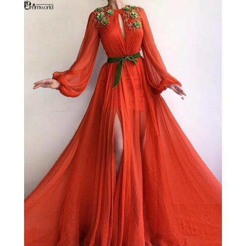 Organge Muslim Evening Dresses 2020 Islamic Dubai Arabic Long Sleeves Evening Gowns 3D Flowers Chiffon Slit Formal Prom Dress
