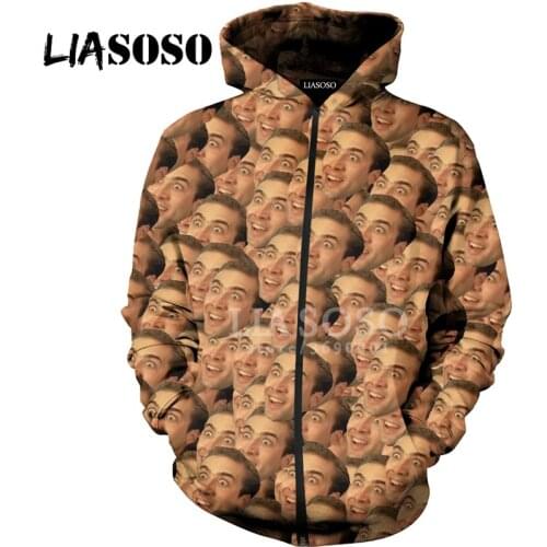 LIASOSO 3D Print Women Men Hooded pullover Nicolas Cage Face Hoodies Sweatshirts Zipper Jacket Hip Hop Casual TOPS X1392