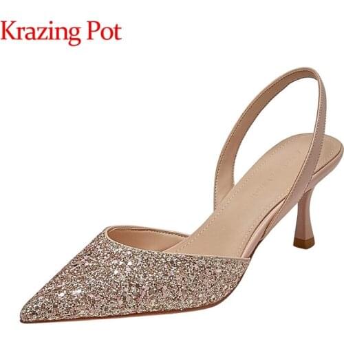Krazing pot new pointed toe shallow high heels shiny young lady beauty lady energy maiden slip on summer mules sandals women L77