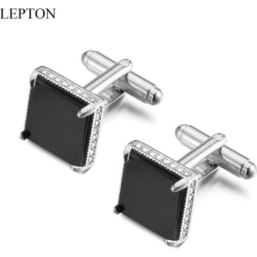Low-key Luxury Black Glass Cufflinks for Mens Lepton Brand Square Crystal Cufflink Man Shirt Cuffs Cuff Links Relojes Gemelos