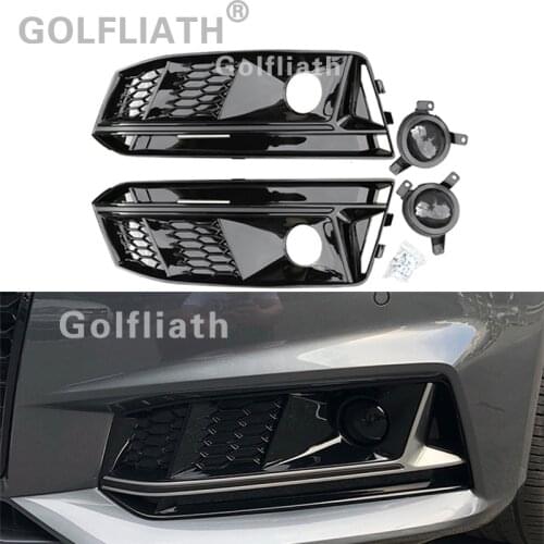 New A4 B9 S-line upgrade to RS4 Style Honeycomb fog light grill front bumper grille Glossy Black for 2016 2017 S-line bumper