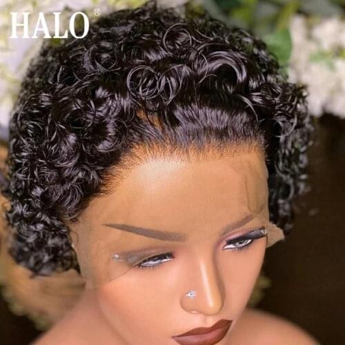 HALO 6inch T Part Short Bob Water Curly Pixie Cut Wig Lace Human Hair Wigs For Women Deep Wave PrePlucked Bleached Knots