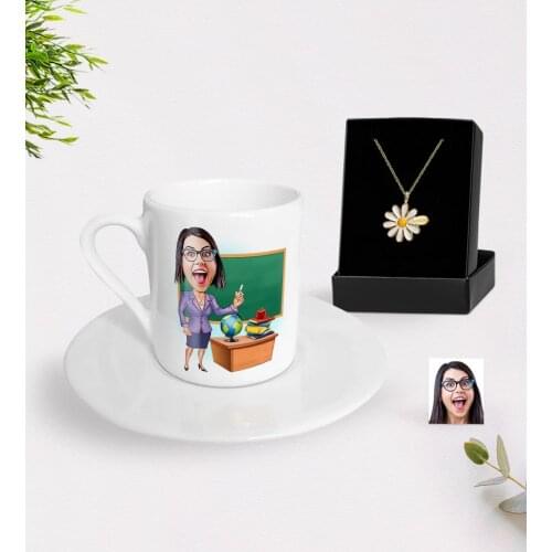 Personalized Women 'S Teacher Caricature Of Turkish Coffee cup And Is Daisy Necklace Gift Seti-1