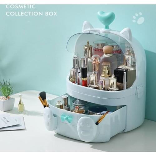 Plastic Makeup Storage Box Cat Shape Transparent Cosmetic Organizer Dustproof Waterprooof Desktop Beauty Box Home Organizer