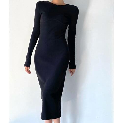 Casual Knitted Mid-Calf Dress 2021 Spring Women O Neck Long Sleeve Bodycon Dresses Korean Slim Stretch Ribbed dress Clothing