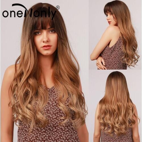 OneNonly Long Body Wave Brown Gradient Omber Wigs Synthetic Wigs with Bangs for Women Cosplay Party Daily Hair Heat Resistant