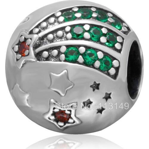 Shining Star Green Red Zircon Micro Pave 925 Sterling Silver Big Hole Round Charm Beads Fit European Bracelet Necklace SZPB220