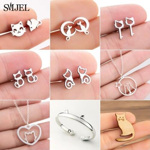 SMJEL Cute Cat Jewelry Stainless Steel Animal Cat Stud Earrings for Women Girls Minimalist Jewelry Accessories Lover Pet Gifts