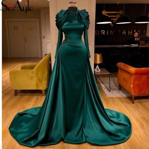 SoAyle High Neck Long Sleeves Evening Dresses Beading Gorgeous Prom Gowns Dark Green Muslim Formal Dresses