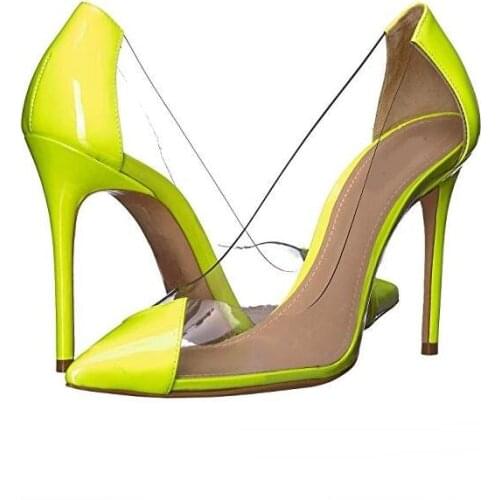 Fashion Women Transparent PVC Patchwork Pointed Toe Pumps Clear Patent Leather Heel Stiletto Shoes Woman Formal Dress Shoes