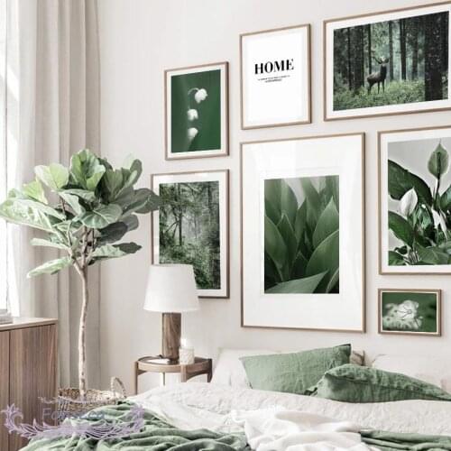 Green Forest Deer Canvas Painting Nordic Plant Leaf Lily of The Valley Flower Posters and Prints Wall Art Pictures Living Room