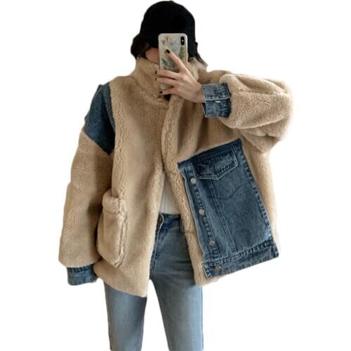 Large Size Fur Coat Women 2020 New Autumn and Winter Denim Stitching Velvet Lamb Thick Fur Jacket Female Warm Fur Coat NS2359